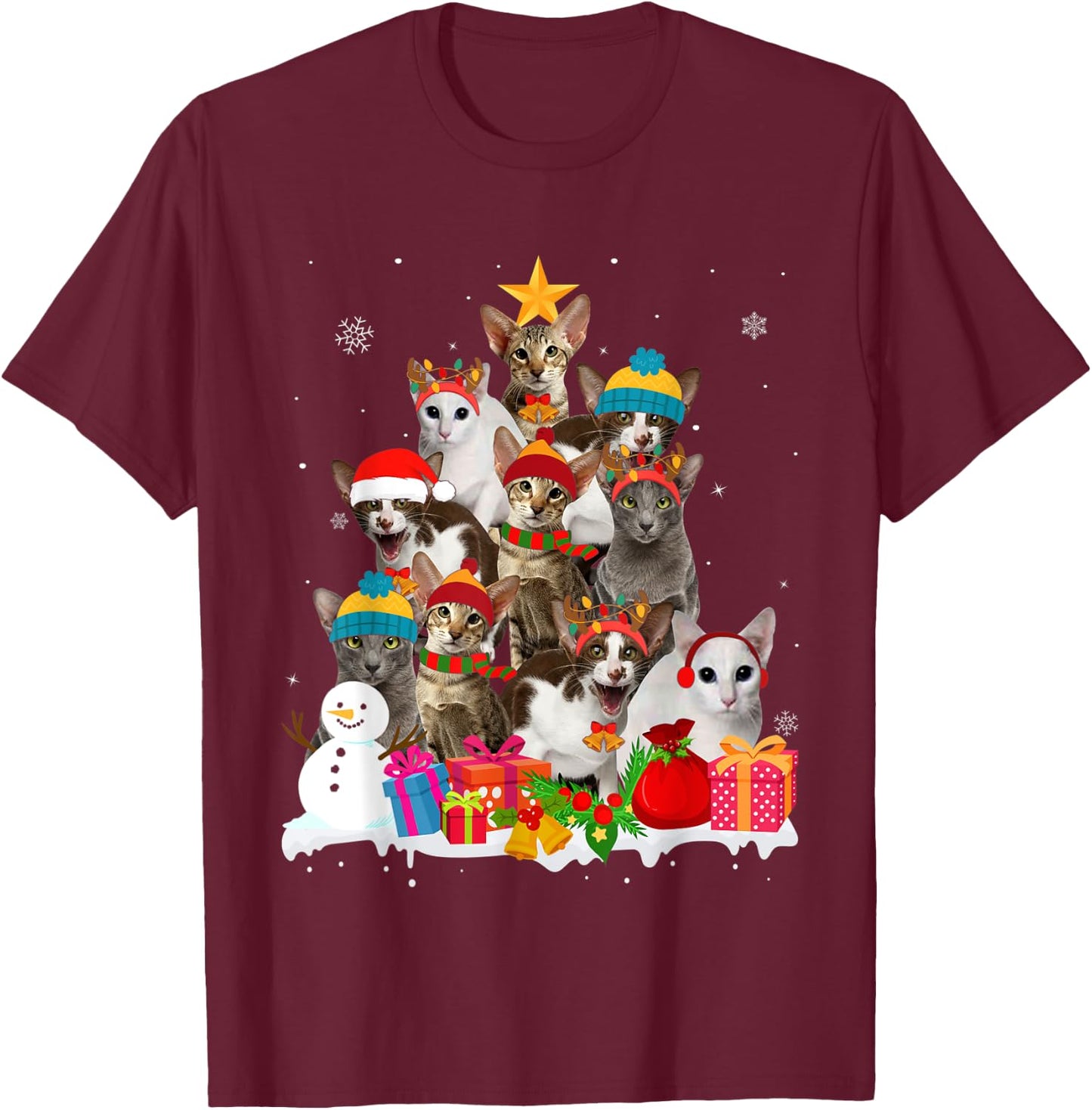 Funny Oriental Shorthair Christmas Tree Pet Cat Lover Gift Men Women Kids T-Shirt - T-Shirt | Maroon