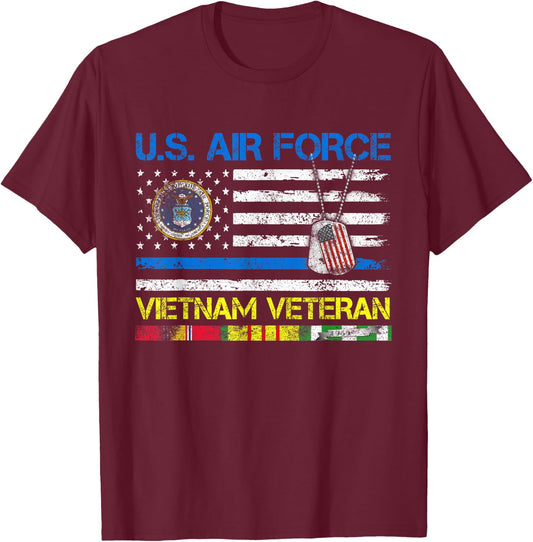 Men U.S Air Force Vietnam Veteran, USAF Veteran Flag Vintage T-Shirt - T-Shirt | Maroon