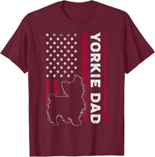 Yorkie Dog Vintage US American Flag Yorkie Dad Fathers Day T-Shirt - T-Shirt | Maroon