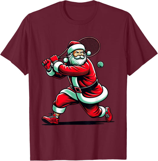 Christmas Sports Santa Playing Tennis Xmas Women Men & Kids T-Shirt - T-Shirt | Maroon