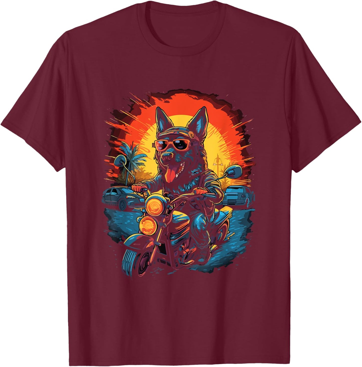 A German Shepherd dog riding a motorcycle T-Shirt - T-Shirt | Maroon