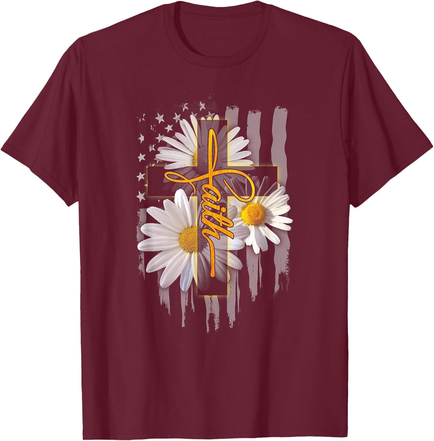 Faith Cross Casual Cross Daisy US Flag Floral T-Shirt - T-Shirt | Maroon