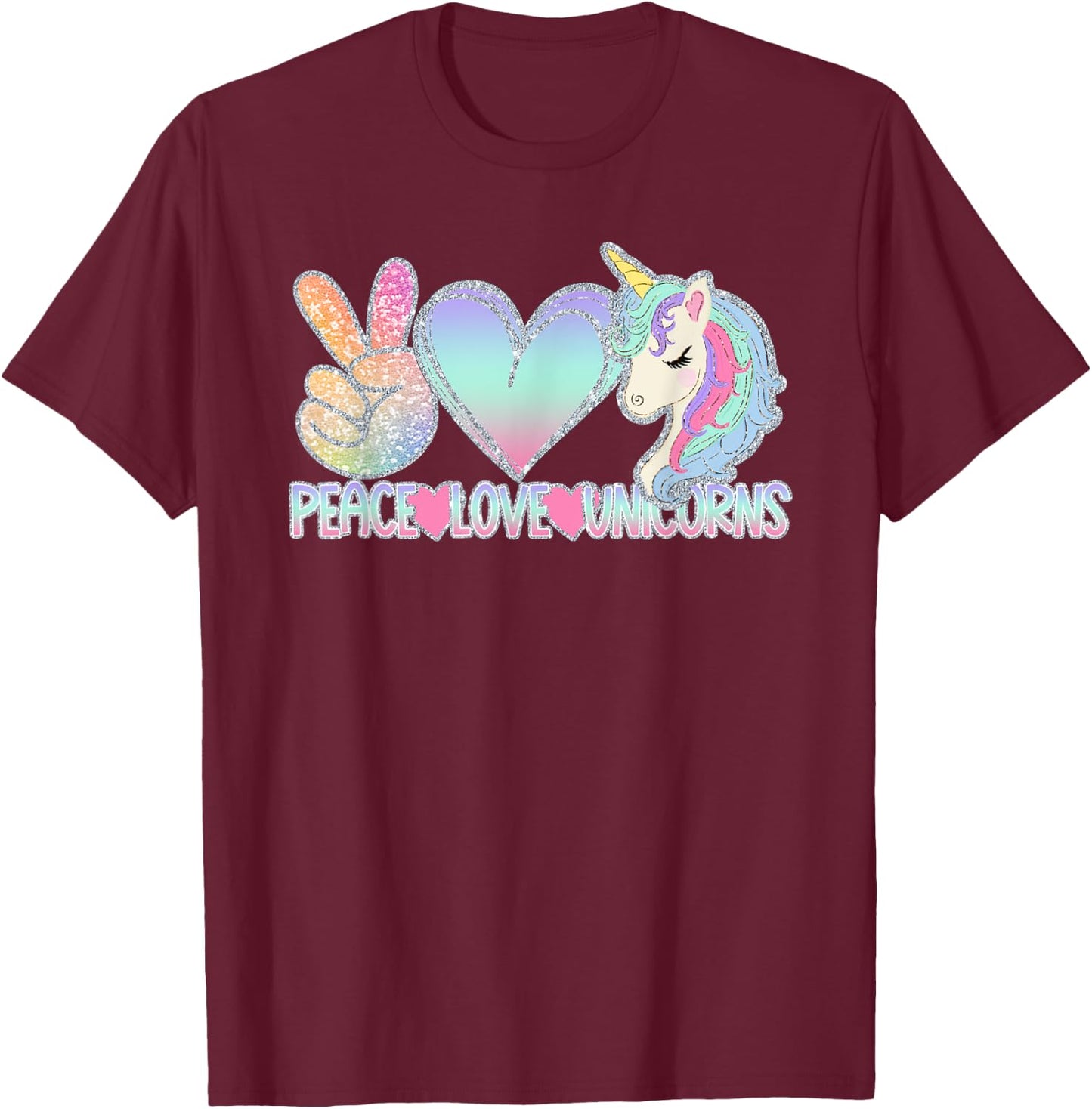 Peace Love Unicorns - Funny Magic Horse Lover Gift T-Shirt - T-Shirt | Maroon