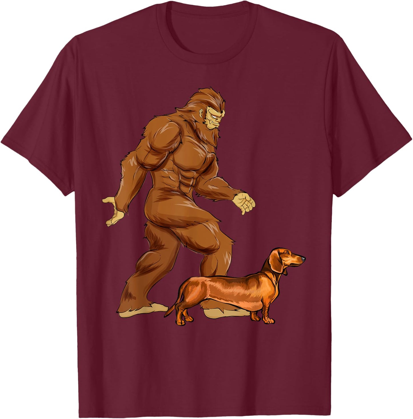 Funny Bigfoot Walking Brown Dachshund Sasquatch Dog Men Women Girls Kids T-Shirt - T-Shirt | Maroon