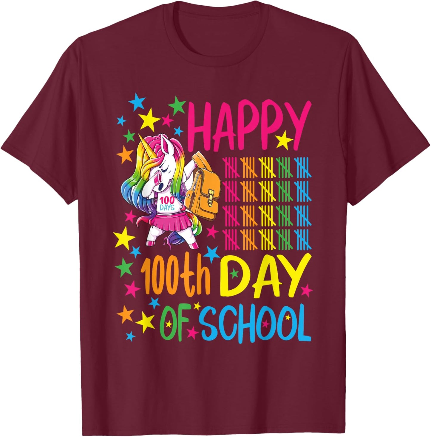 Happy 100th Day Of School Unicorn T-Shirt - T-Shirt | Maroon