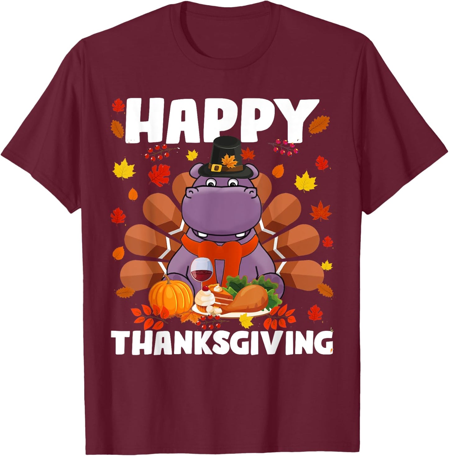 Happy Thanksgiving Funny Hippo Turkey Autumn Hippo Lover T-Shirt - T-Shirt | Maroon