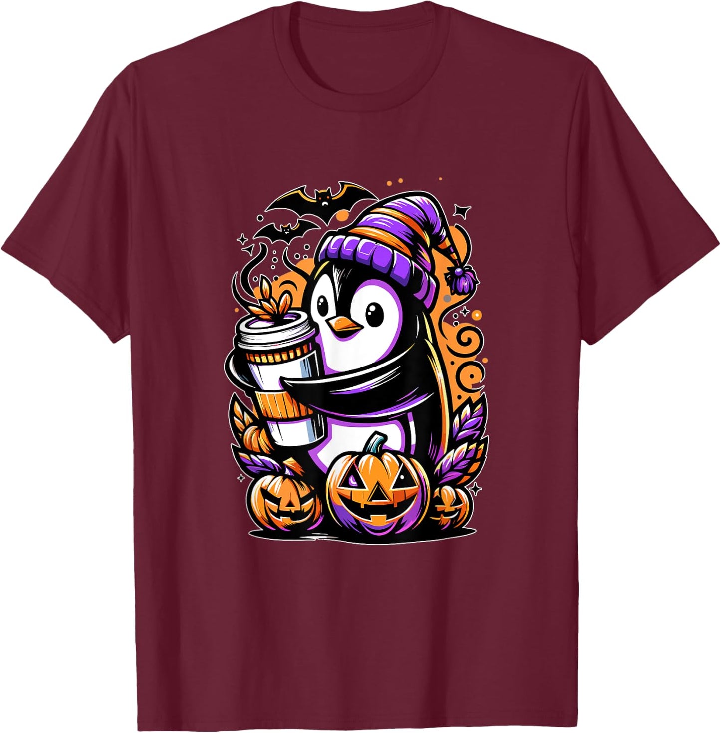 Penguin Coffee Halloween Pumpkin Cute Funny Penguin T-Shirt - T-Shirt | Maroon