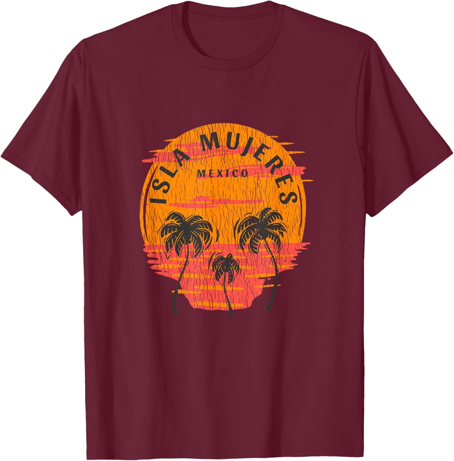 Retro Isla Mujeres Mexico Palm Trees Sunset Skull Beach T-Shirt - T-Shirt | Maroon