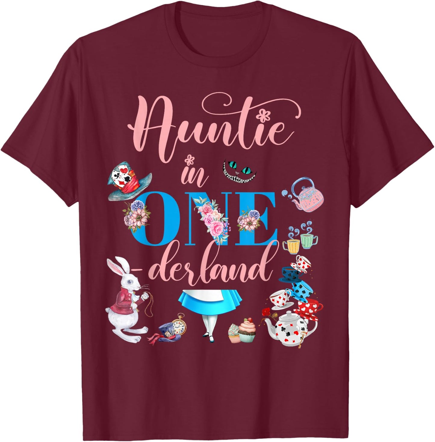 Alice in ONEderland Family Auntie Of The Birthday Girl T-Shirt - T-Shirt | Maroon
