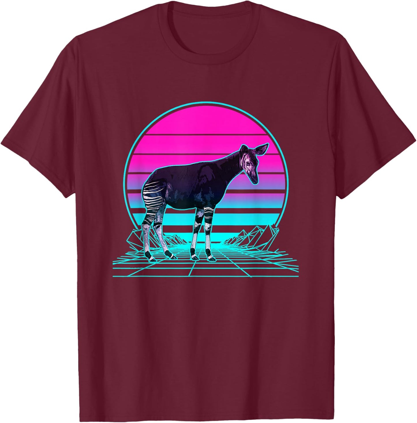 Vintage Retro Sunset Okapi T-Shirt - T-Shirt | Maroon