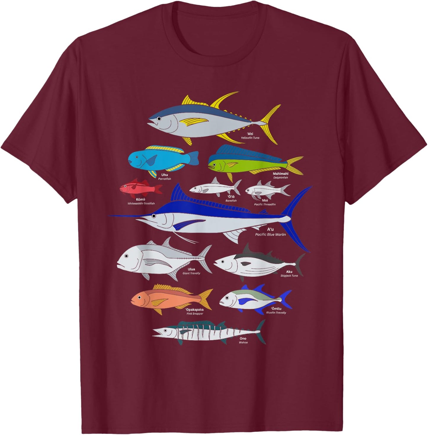 Hawaiian Fish (Ahi, Mahimahi, Ulua, Aku, Uhu, etc.) Fishing T-Shirt - T-Shirt | Maroon