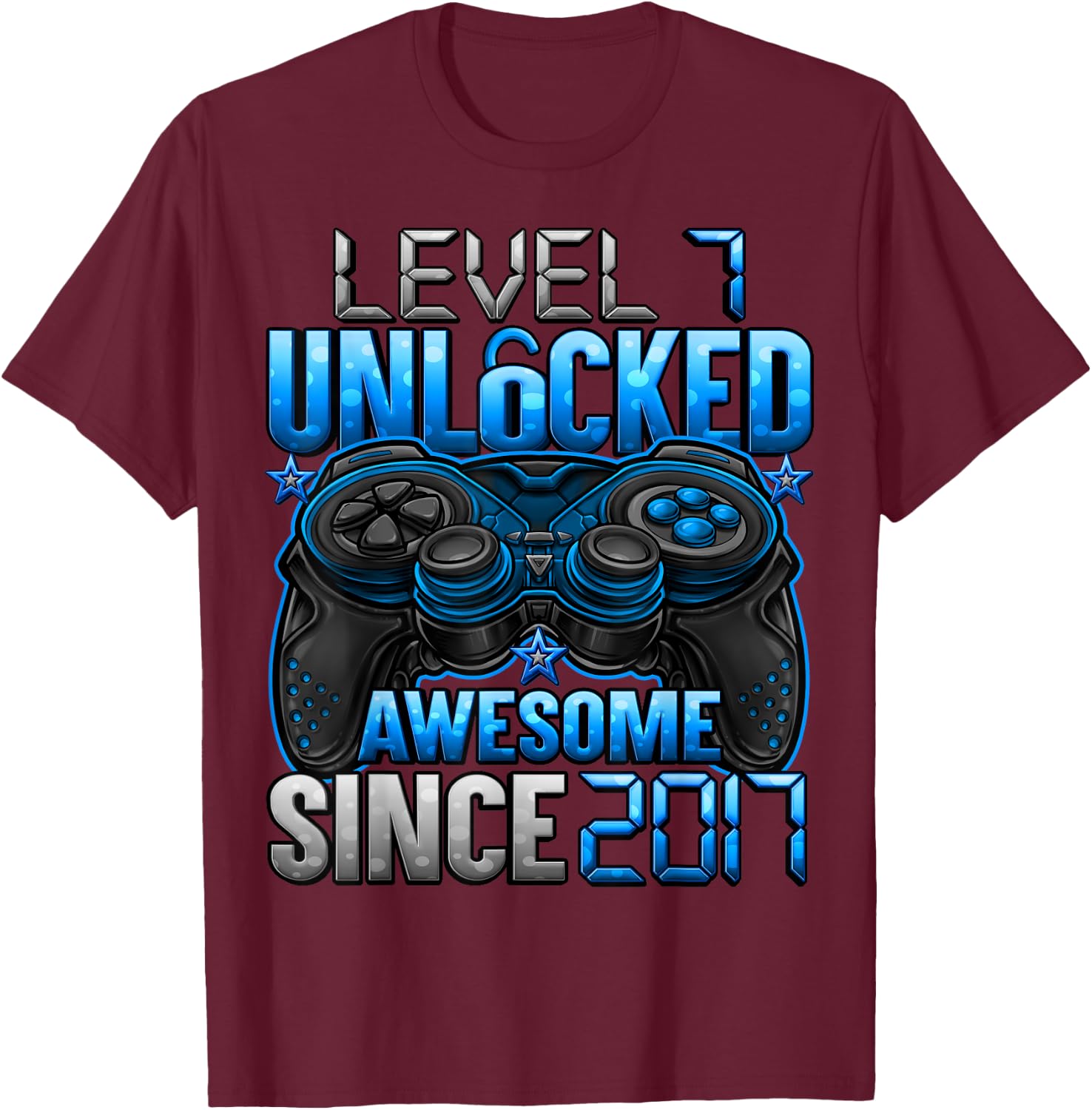 Level 7 Unlocked Awesome Since 2017 7th Birthday Gaming T-Shirt - T-Shirt | Maroon