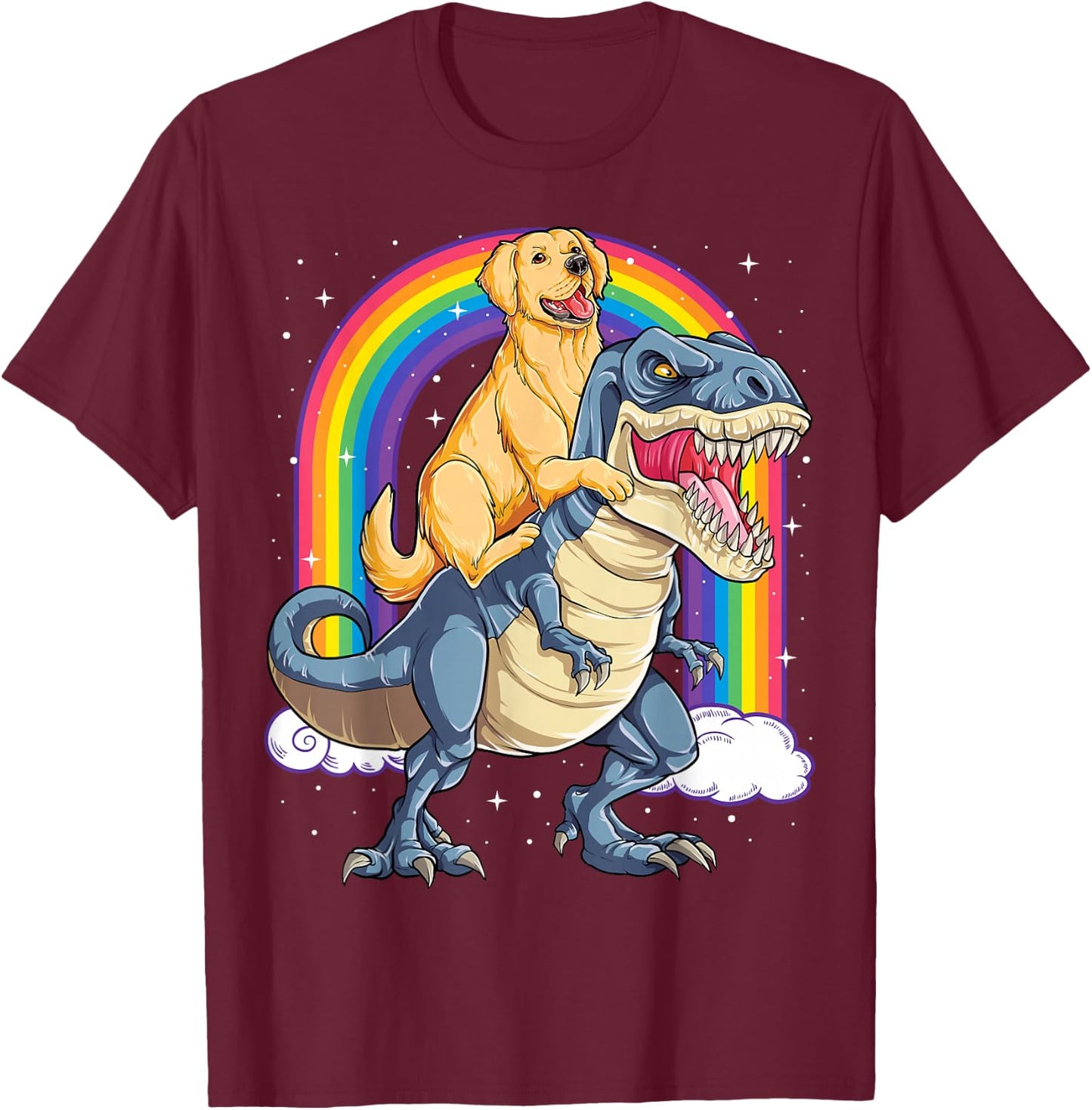 Golden Retriever Riding Dinosaur T rex Gifts Boys Rainbow Small T-Shirt - T-Shirt | Maroon
