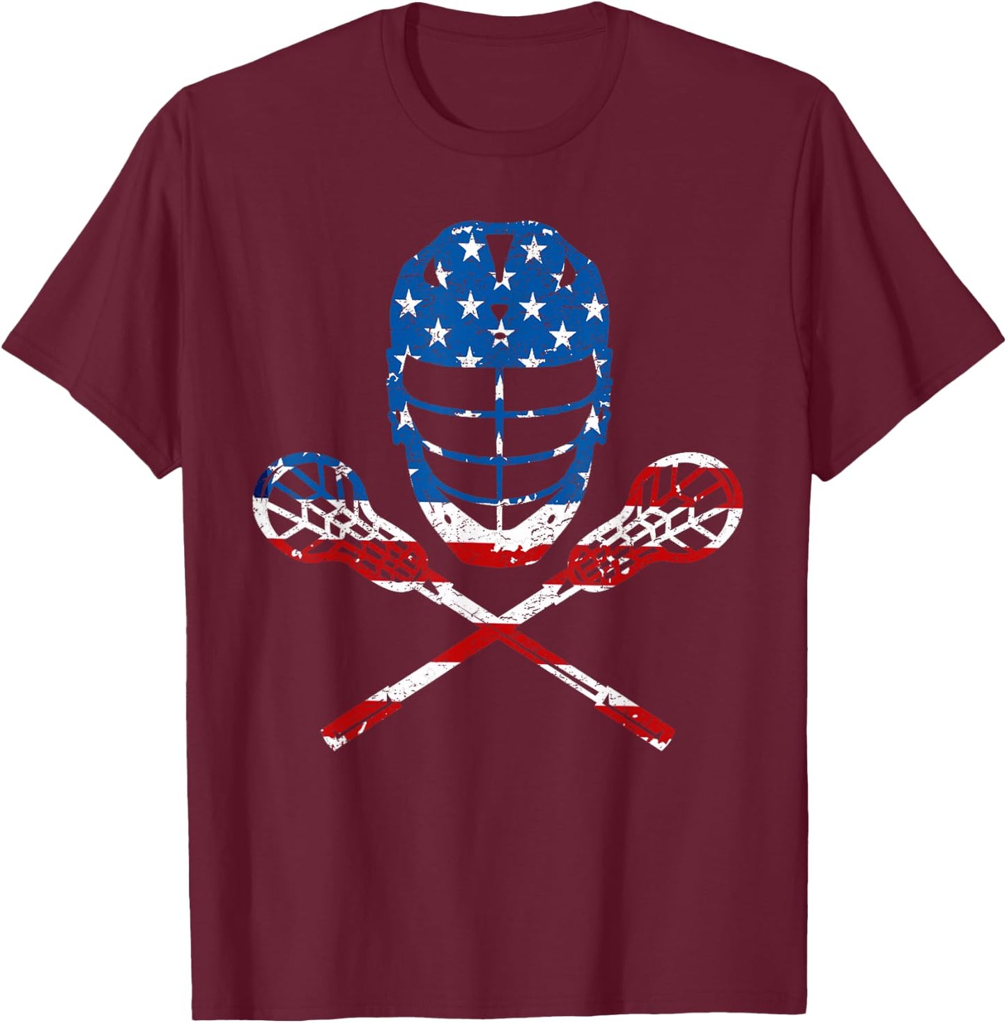 Lacrosse American Flag Lax Helmet Sticks 4th of July Gifts T-Shirt - T-Shirt | Maroon