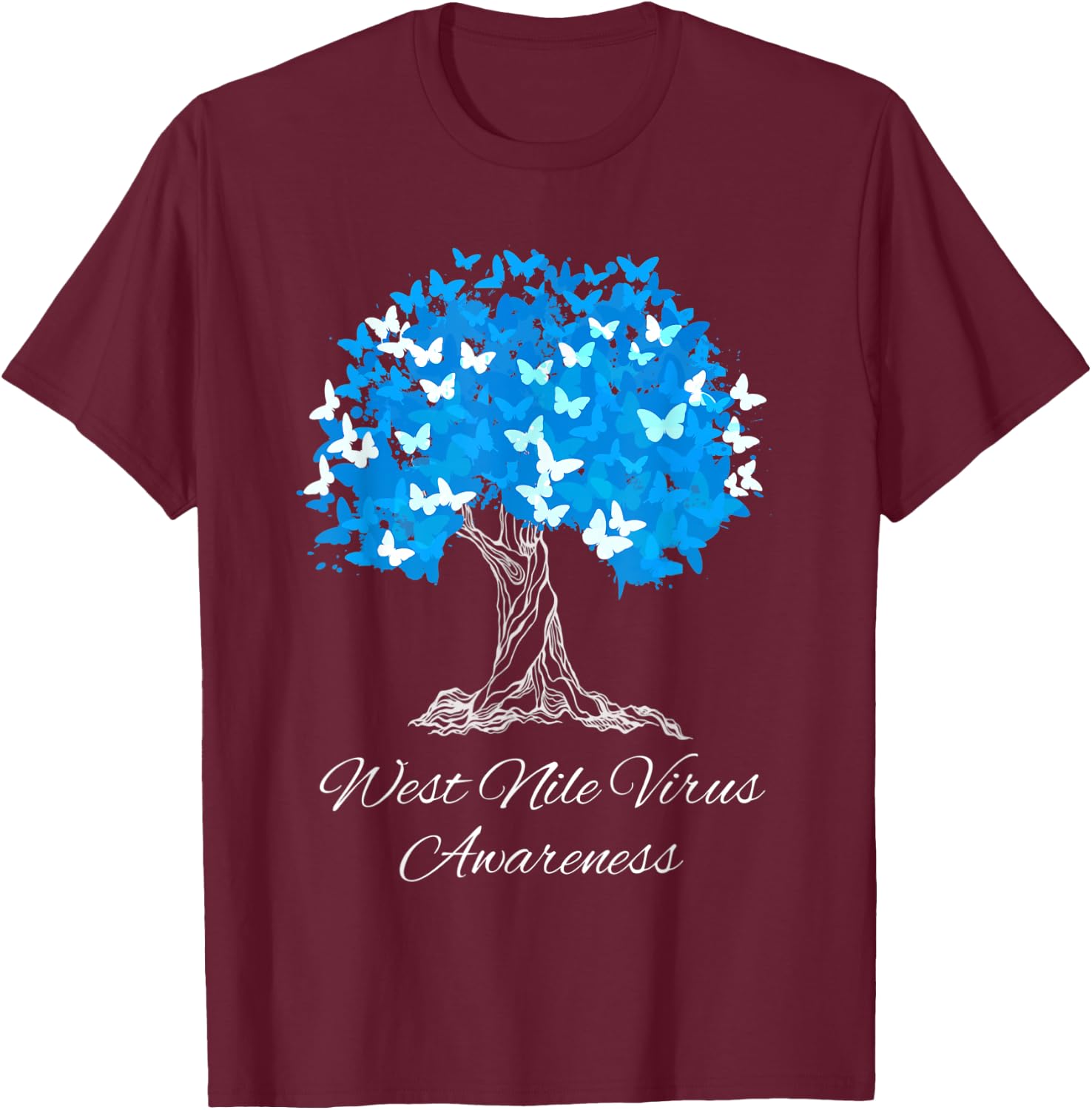 West Nile Virus Awareness Tree With Butterflies Support T-Shirt - T-Shirt | Maroon