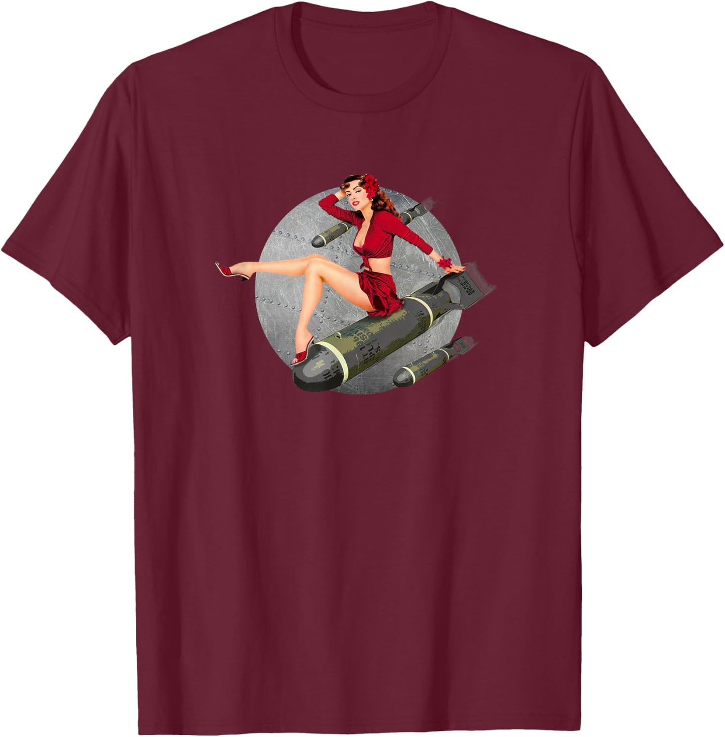 WW2 Retro Pin Up Girl Bombs Away T-Shirt - T-Shirt | Maroon