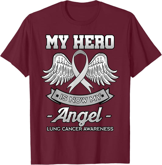 My Hero Is Now My Angel Lung Cancer Awareness White Ribbon T-Shirt - T-Shirt | Maroon