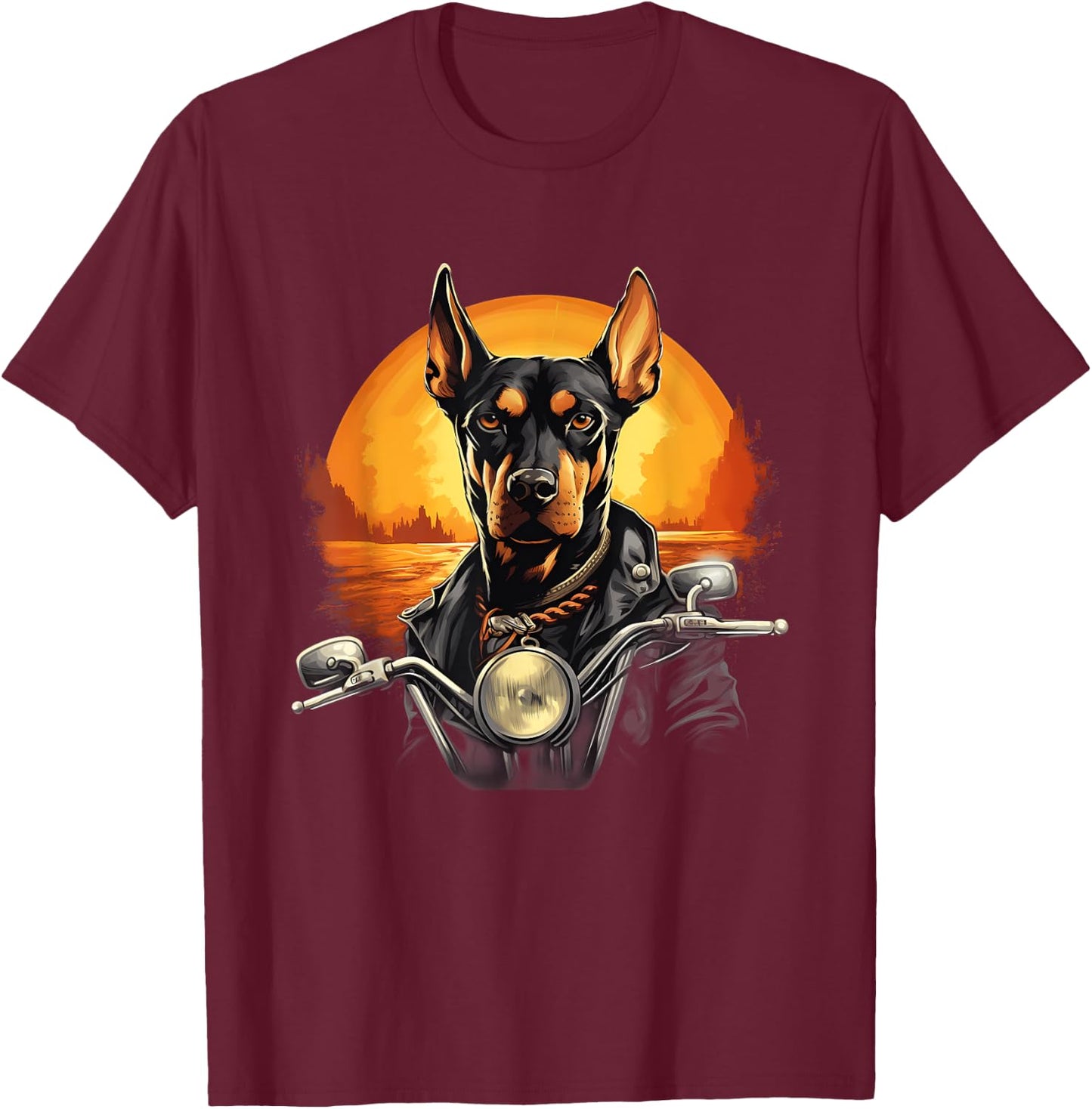 Biker Doberman Pinscher Dog Riding Motorcycle T-Shirt - T-Shirt | Maroon
