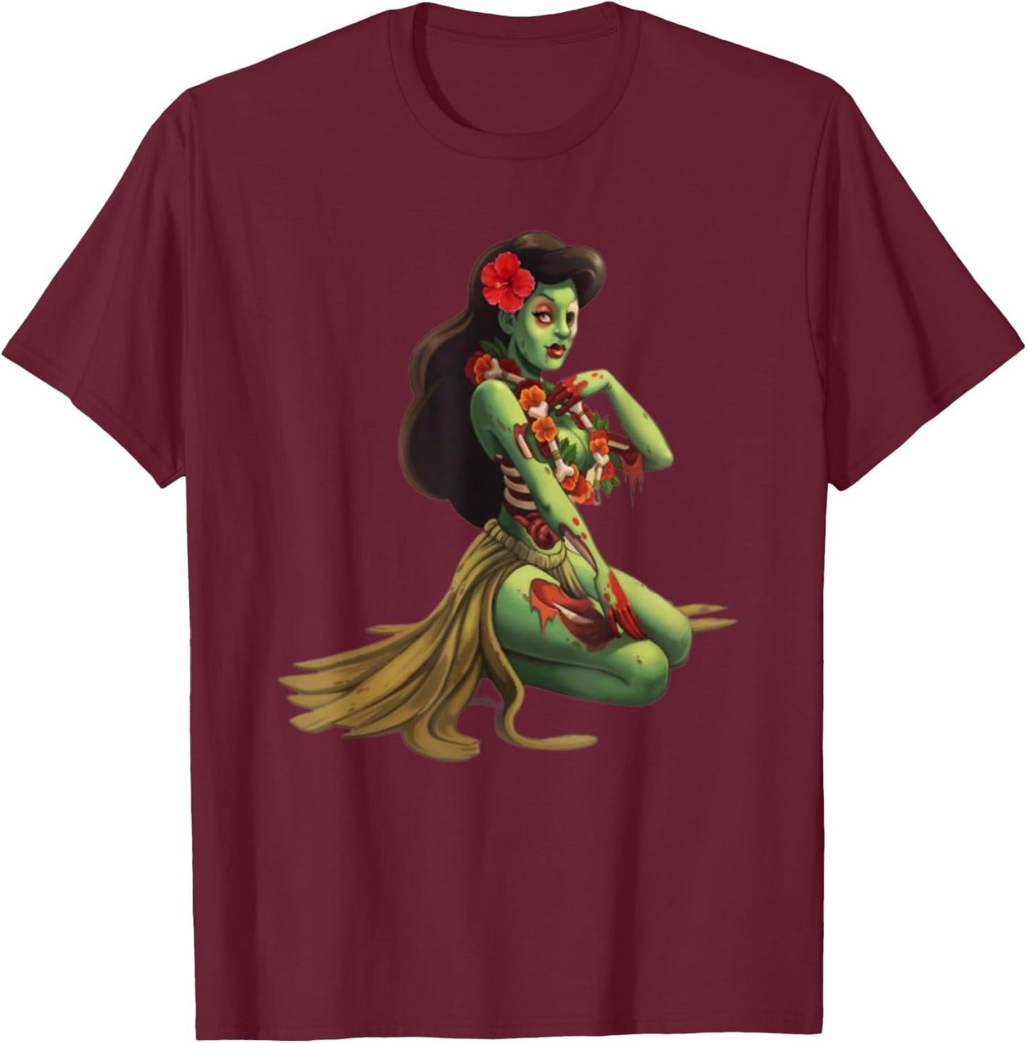 Hawaii Pin Up Girl Zombie Halloween T-Shirt - T-Shirt | Maroon