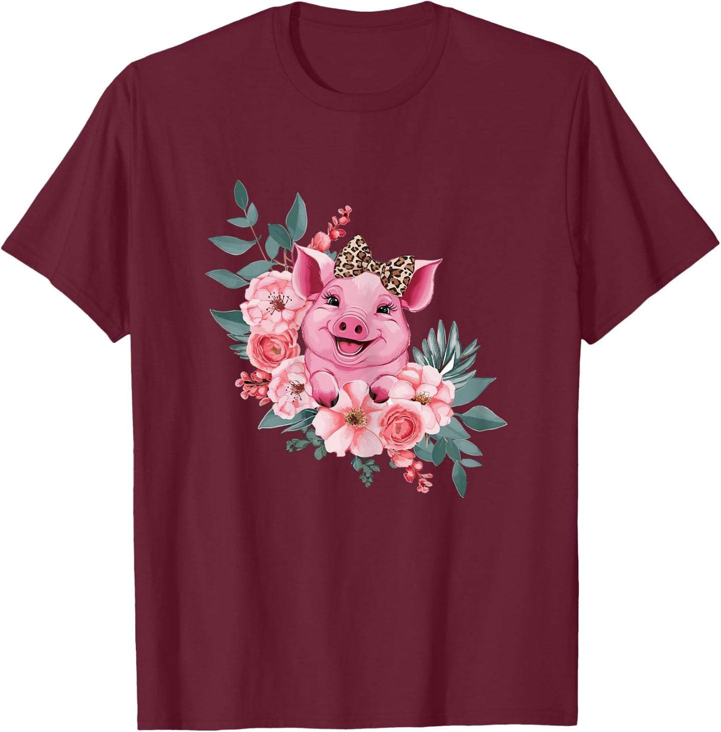 Pig With Leopard Headband Flower Pig Lover T-Shirt - T-Shirt | Maroon