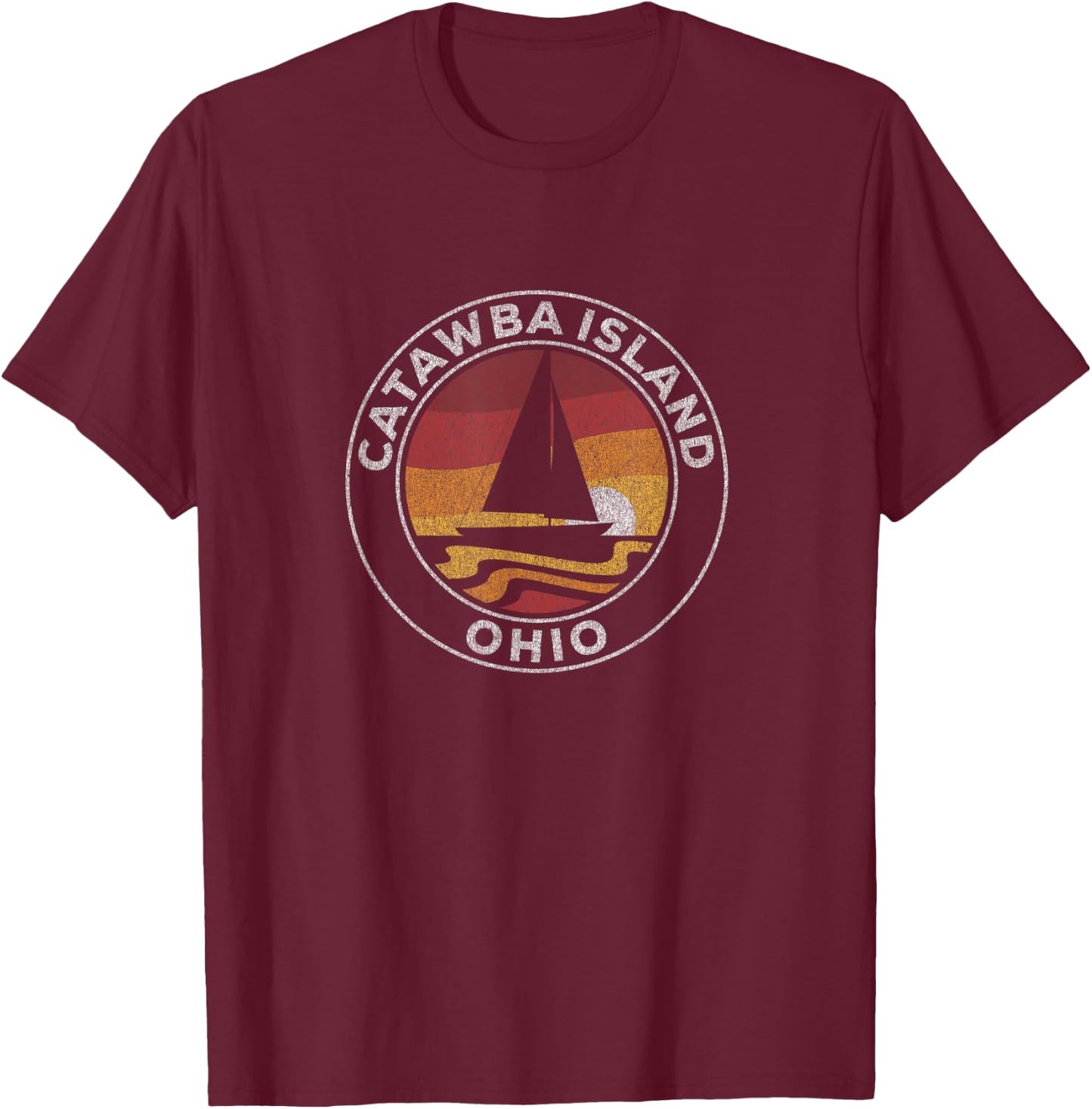 Catawba Island Ohio Vintage Sailboat 70s Retro Sunset T-Shirt - T-Shirt | Maroon