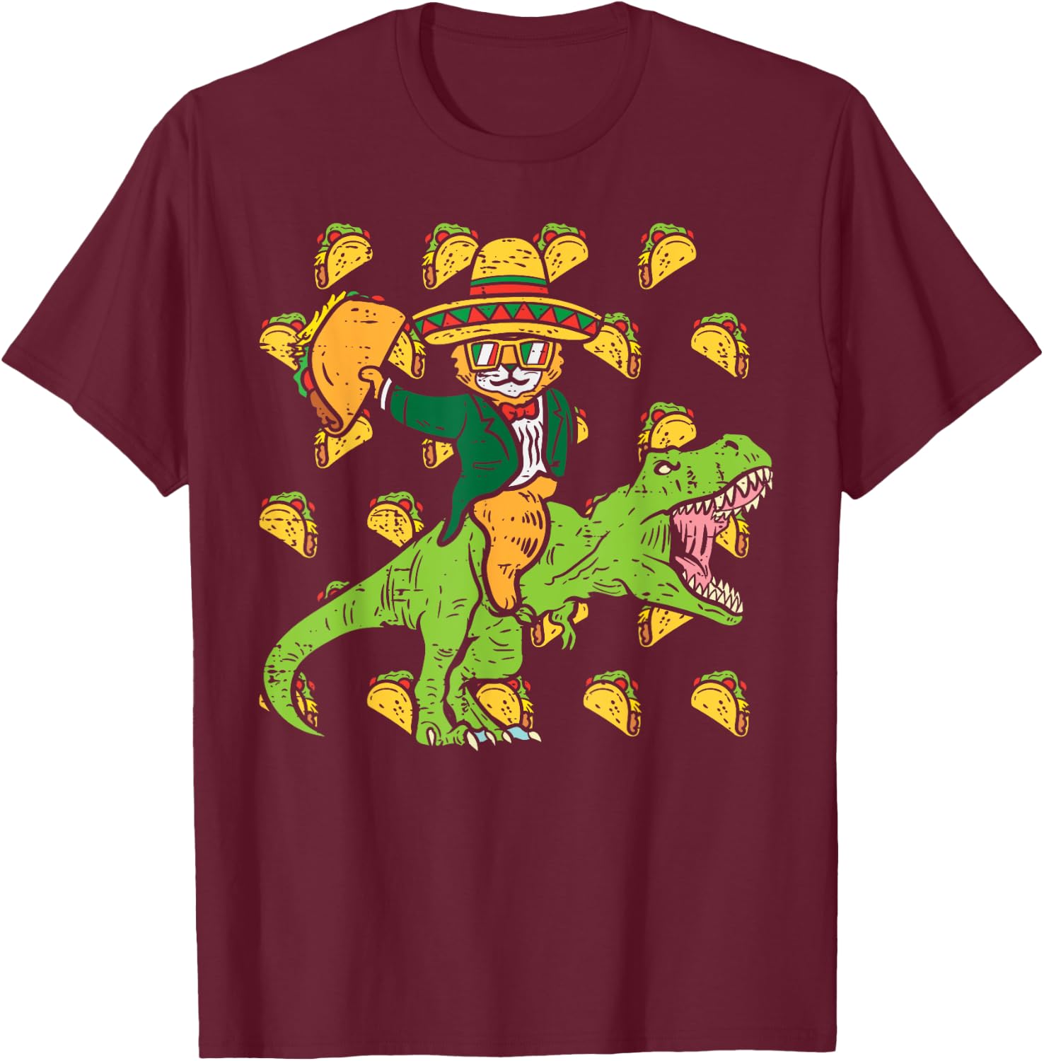 Mexican Cat Trex Tacos Funny Cinco De Mayo Fiesta Dinosaur Women Girls Kids T-Shirt - T-Shirt | Maroon