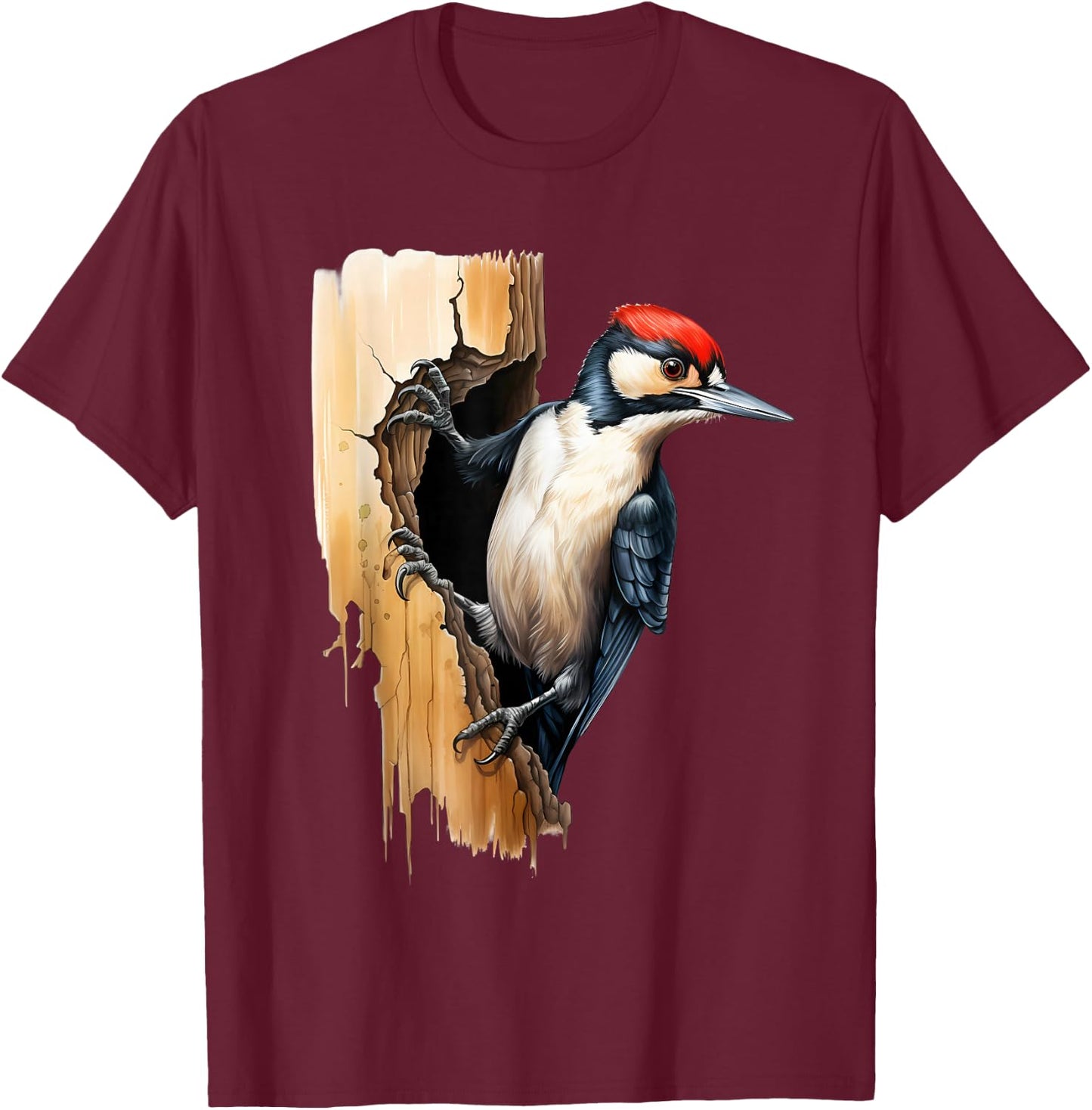Woodpecker Wall Drawing Nature Wildlife Motif Animal Print T-Shirt - T-Shirt | Maroon