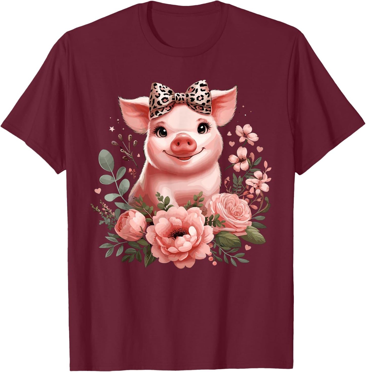 Pig With Leopard Headband Flower Cute Pig Lover T-Shirt - T-Shirt | Maroon