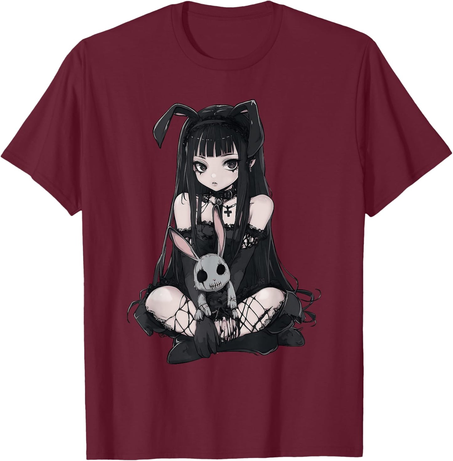 E-Girl Cute Anime Girl Goth Bunny Grunge Gothic Outfit T-Shirt - T-Shirt | Maroon