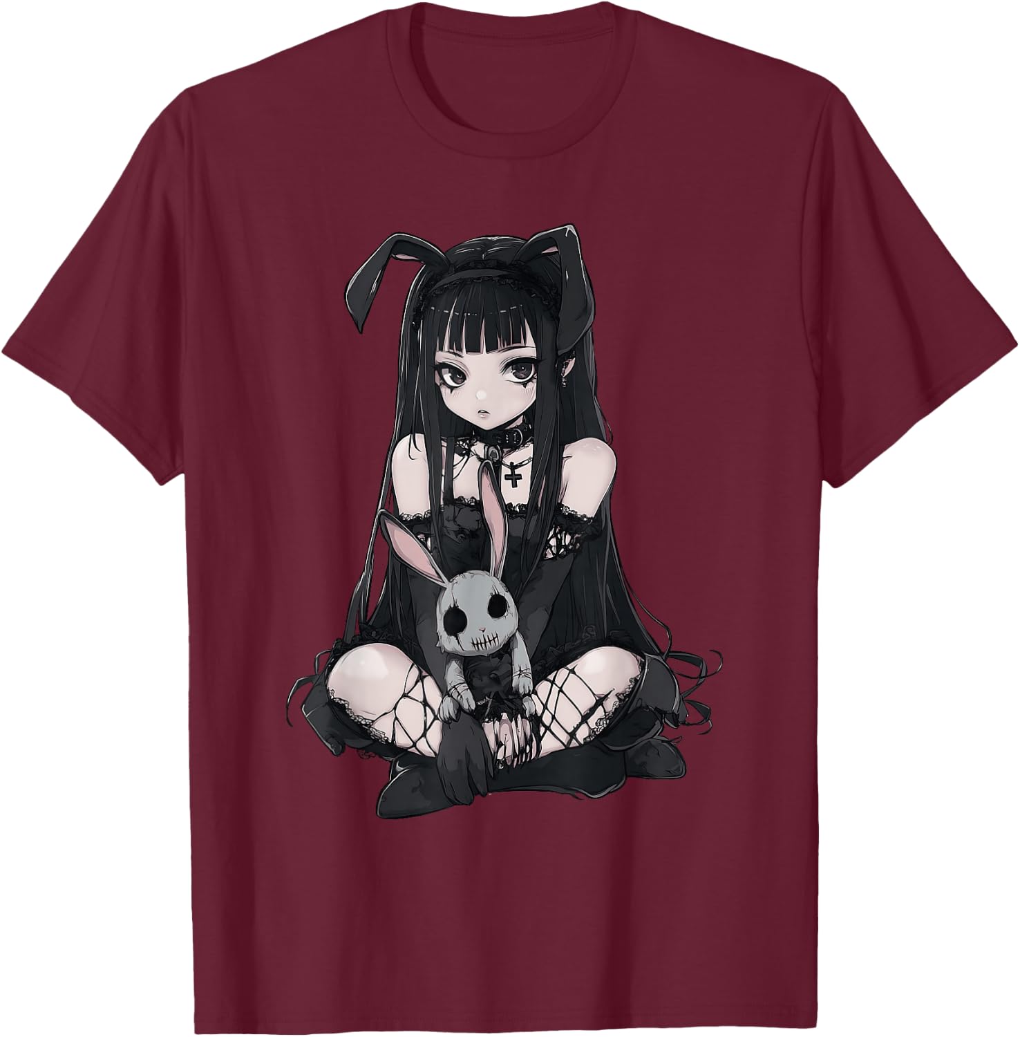 E-Girl Cute Anime Girl Goth Bunny Grunge Gothic Outfit T-Shirt - T-Shirt | Maroon