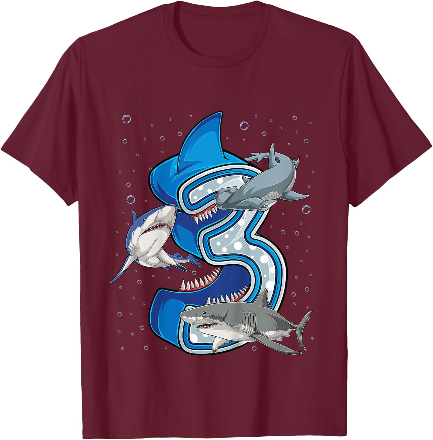Kids 3rd Birthday Boys Shark 3 years Old Ocean Shark B-day T-Shirt - T-Shirt | Maroon