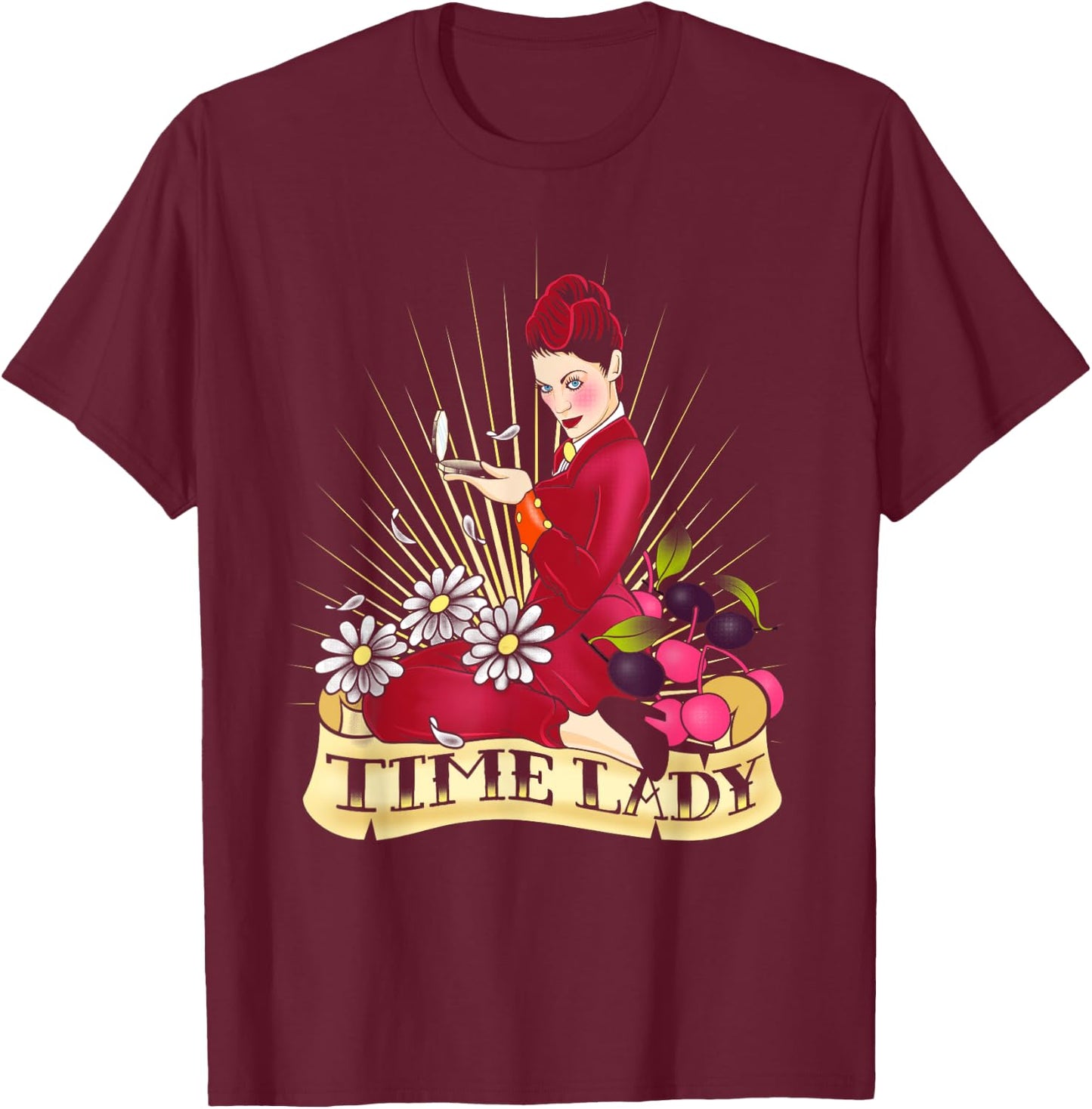Doctor Who Rockabilly Missy Time Lady Vintage TimeTravel Fan - Women's -Adults Black Cotton Classic Fit Short Sleeve - Small T-Shirt - T-Shirt | Maroon