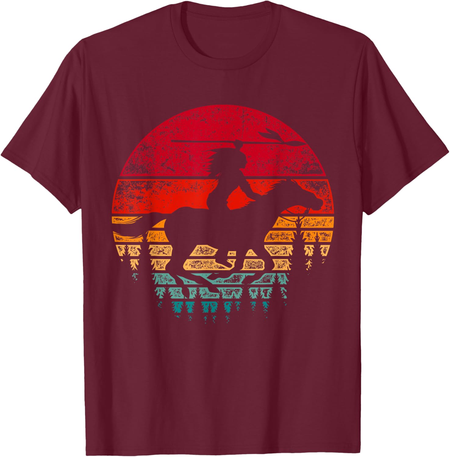 Indian Pride Horse Riding Indigenous Retro Native American T-Shirt - T-Shirt | Maroon