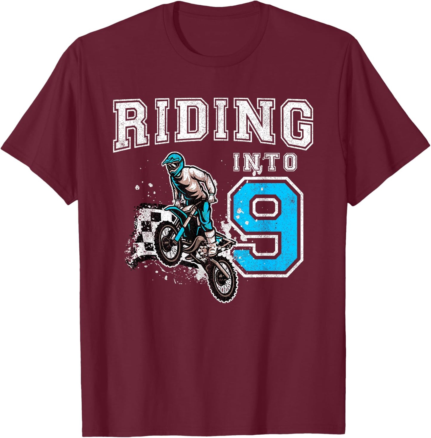 Riding Into 9 Years Old 9th Birthday Boy Dirt Bike Party T-Shirt - T-Shirt | Maroon