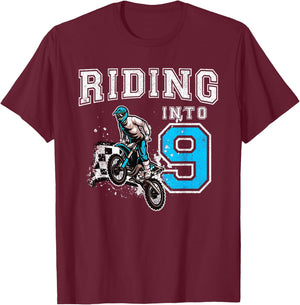 Riding Into 9 Years Old 9th Birthday Boy Dirt Bike Party T-Shirt - T-Shirt | Maroon