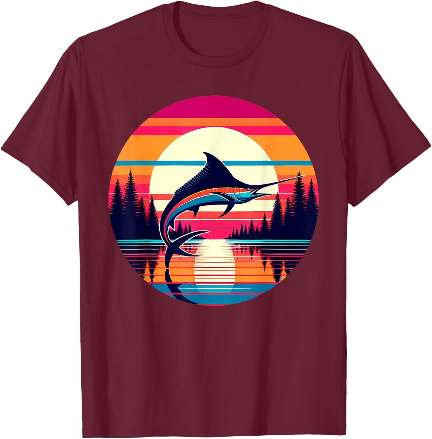 Marlin Fishing Sunset Retro Style Vintage 80s 70s Birthday T-Shirt - T-Shirt | Maroon