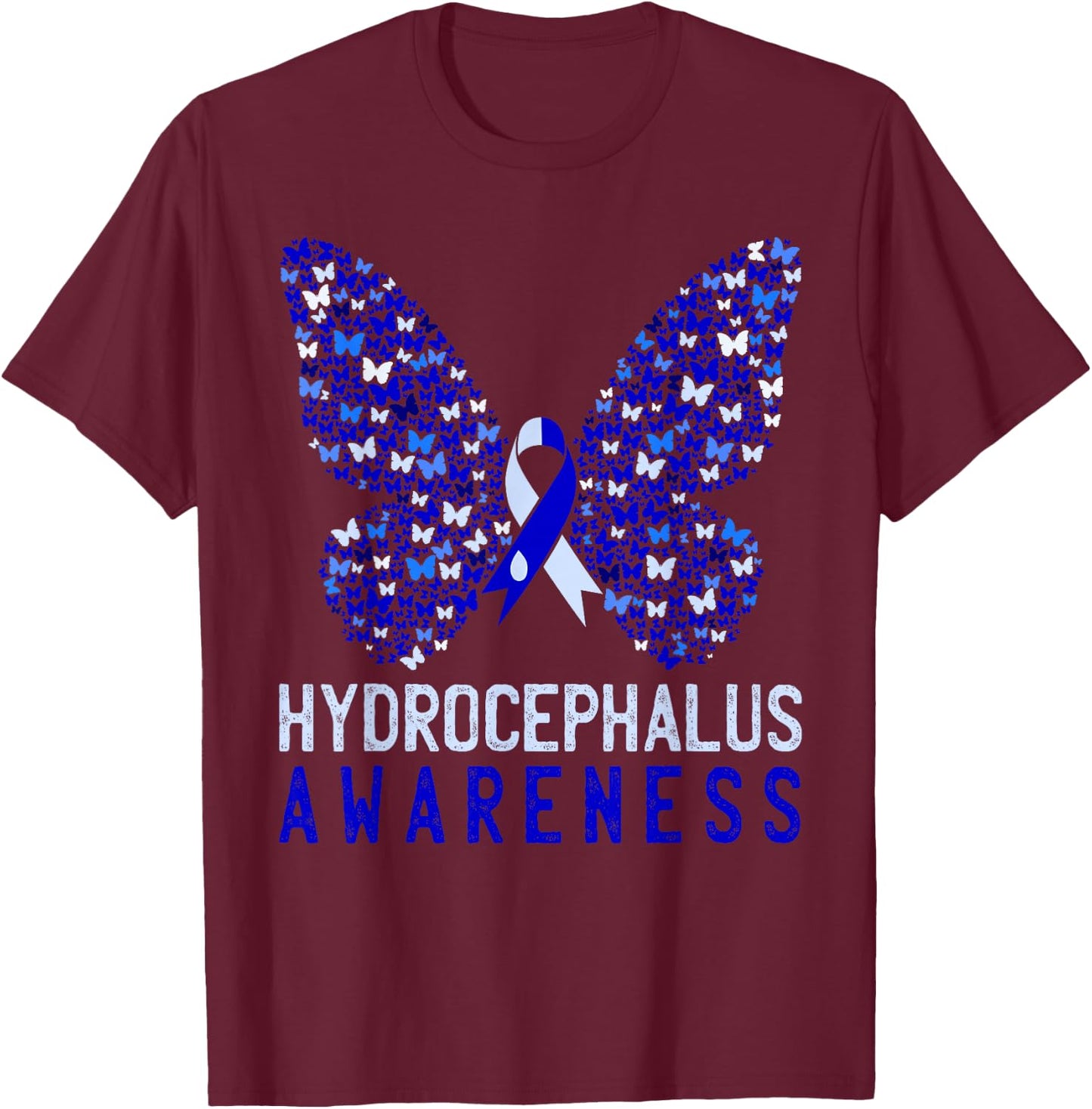 Butterfly Hydrocephalus Awareness Month Blue Ribbon Support T-Shirt - T-Shirt | Maroon