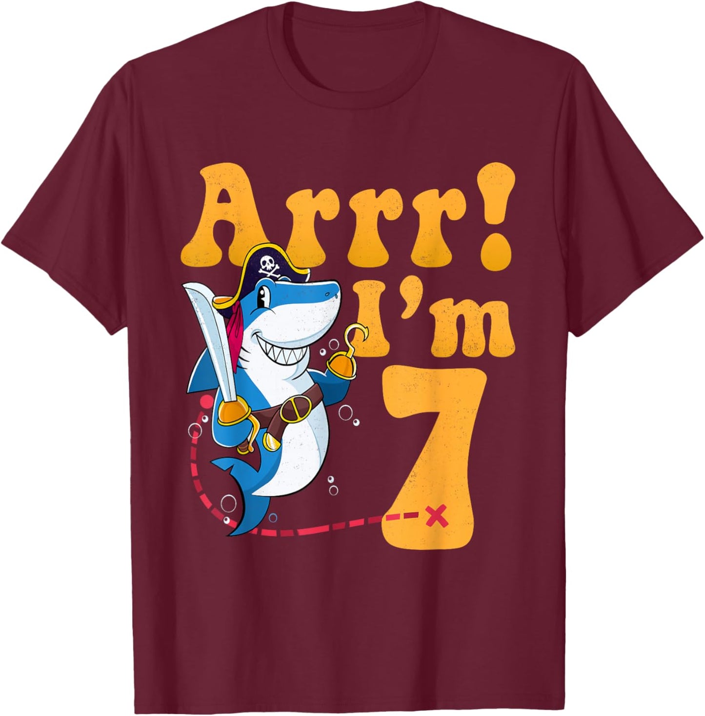 Kids 7th Shark Pirate Birthday Party 7 Seven Years Old Boys T-Shirt - T-Shirt | Maroon