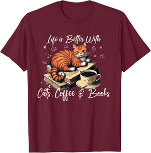 Life is Better with Cats, Coffee, and Books T-Shirt - T-Shirt | Maroon