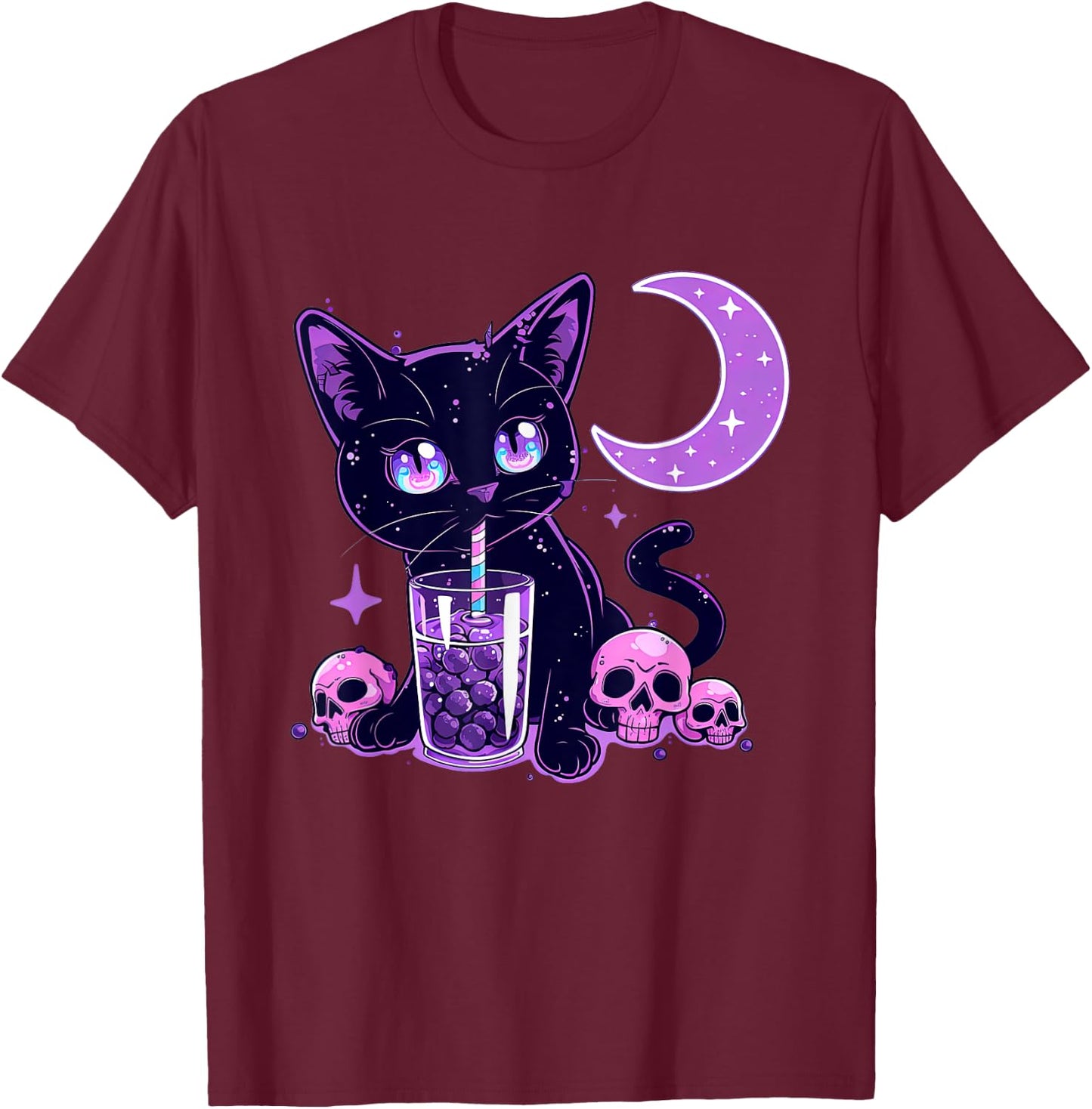 Cute Kawaii Cat Drink Boba Tea Purple Pastel Goth Neko Cat T-Shirt - T-Shirt | Maroon