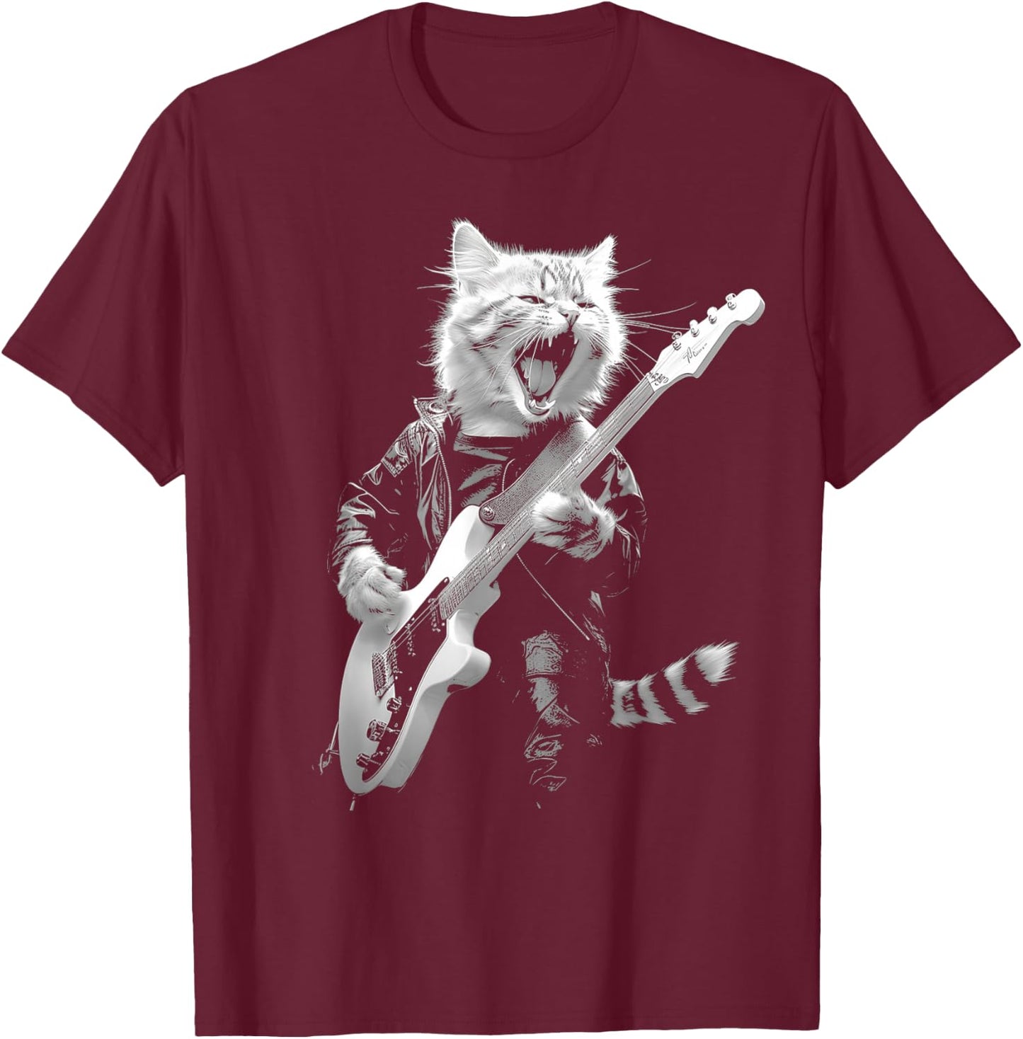 Rock Cat Playing Guitar Funny Guitar Cat Design T-Shirt - T-Shirt | Maroon