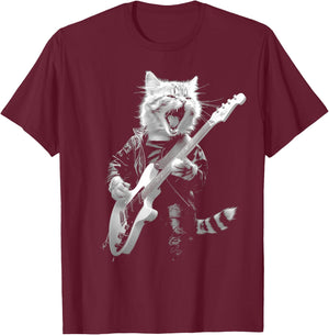 Rock Cat Playing Guitar Funny Guitar Cat Design T-Shirt - T-Shirt | Maroon