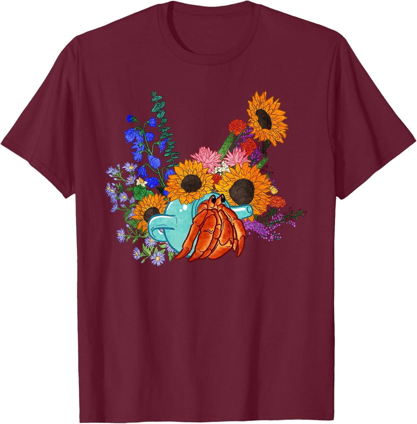 Teapot Hermit Crab and Flowers T-Shirt - T-Shirt | Maroon