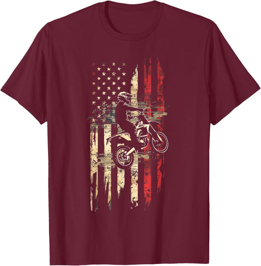 Best Dirt Bike Boys Dirtbike Racing US Flag Biker T-Shirt - T-Shirt | Maroon