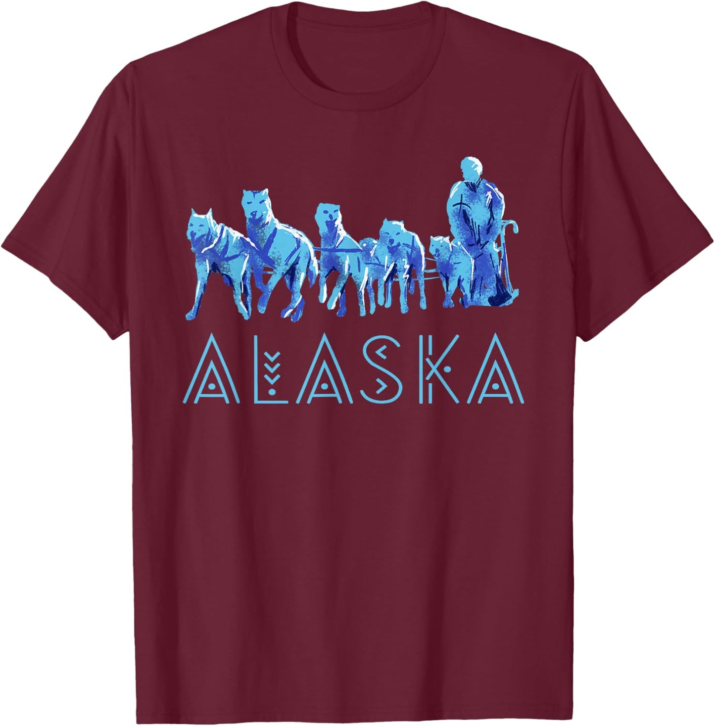 Alaska Sled Dogs Mushing Team Snow Sledding Mountain Scene T-Shirt - T-Shirt | Maroon