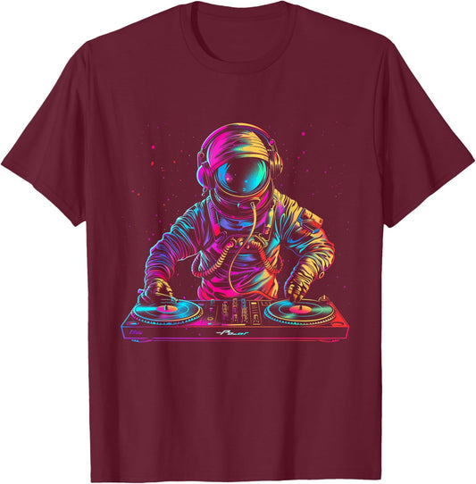 DJ Astronaut Space EDM Techno House Music Vinyl Record T-Shirt - T-Shirt | Maroon