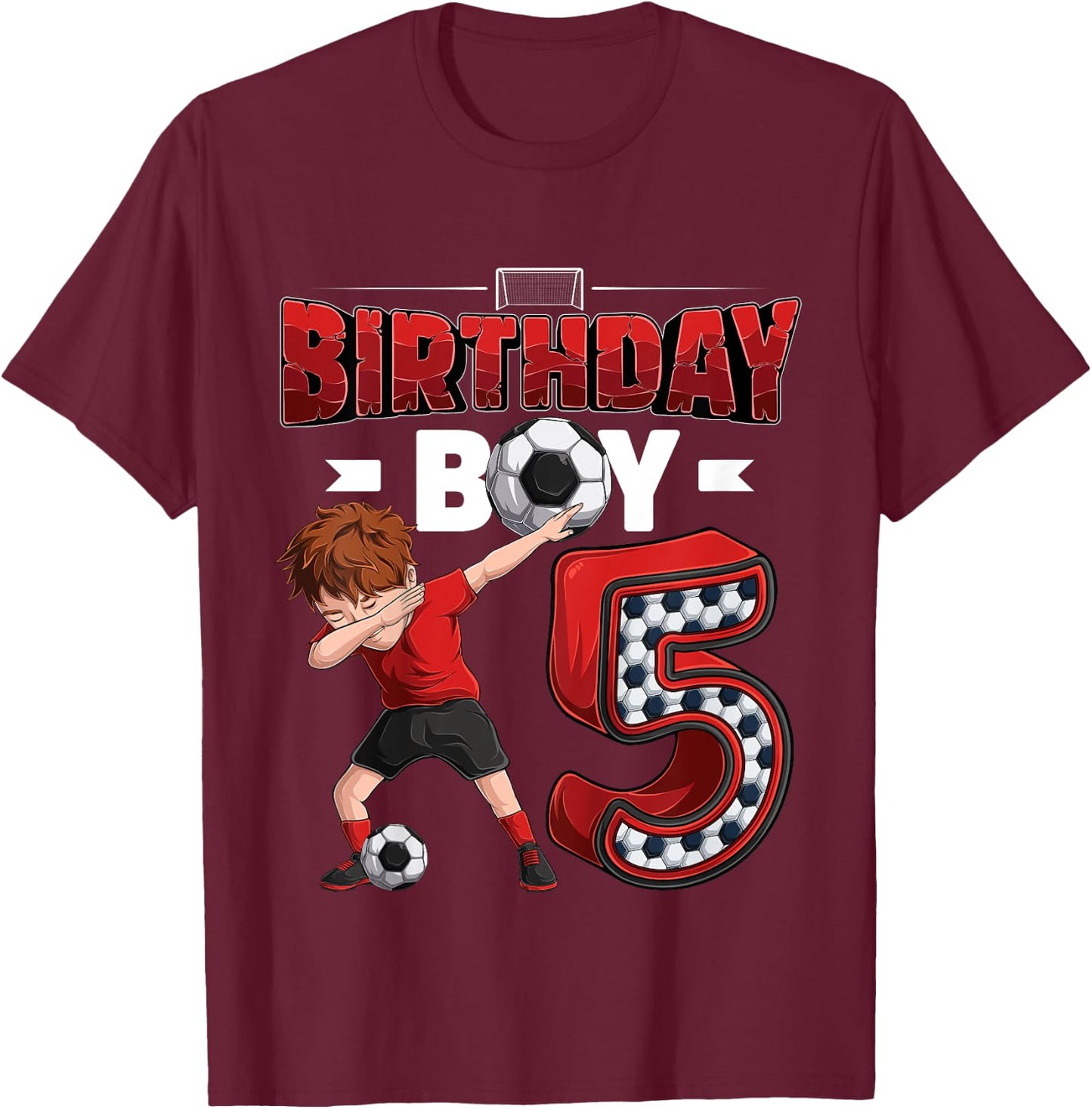 Kids dabbing boy 5 year old Soccer Player 5th birthday party T-Shirt - T-Shirt | Maroon