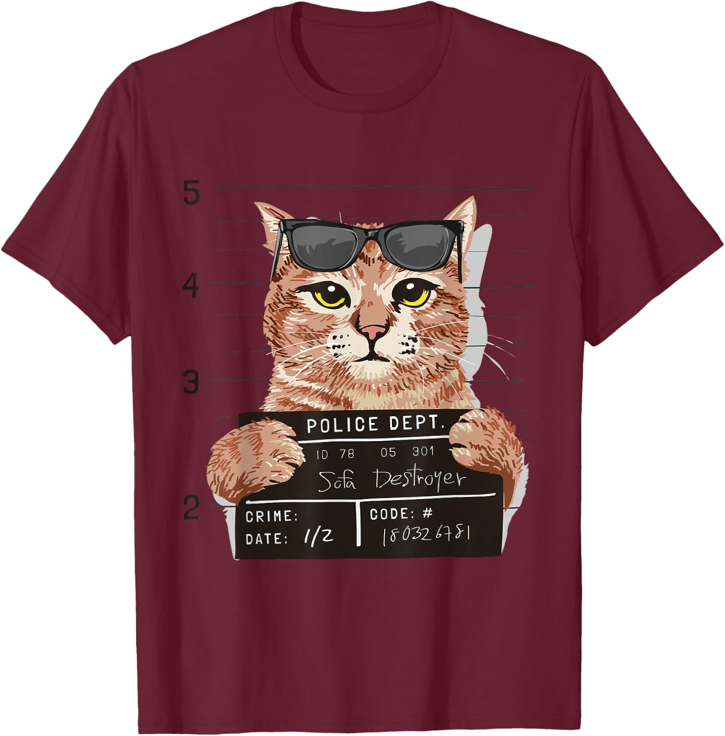 Funny Bad Sofa Destroyer Cat Mug Shot Cat Police Photo Men Women T-Shirt - T-Shirt | Maroon