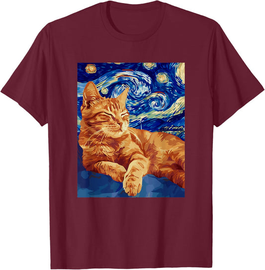 Starry Night Famous Painting Cat T-Shirt - T-Shirt | Maroon
