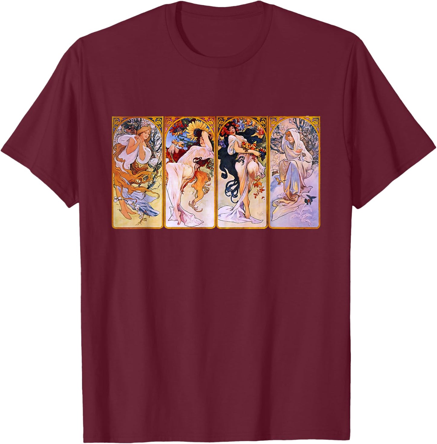 Four Seasons by Mucha Art Nouveau T-Shirt - T-Shirt | Maroon